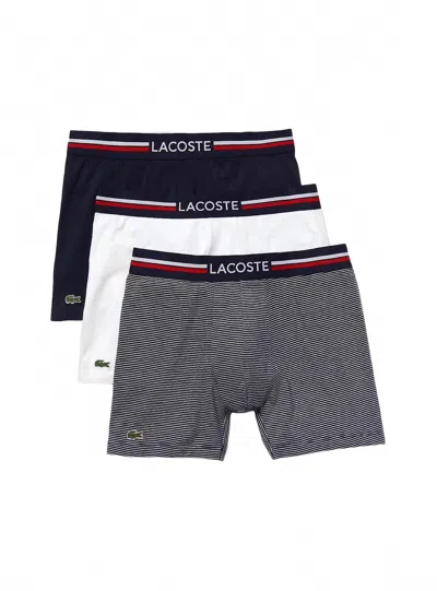 Lacoste Men's Long Stretch Cotton Jersey Boxer Brief - 3-pack In White/navy/navy Stripe In Multi