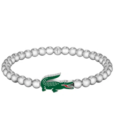 Lacoste Men's Matchpoint Silver-tone Stainless Steel With Green Enamel Crocodile Beaded Bracelet