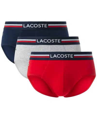 Lacoste Men's 3-pack Regular-fit Stripe Logo Briefs In Navy,silver,red