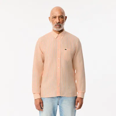 Lacoste Men's Long Sleeve Striped Button-down Linen Shirt In White