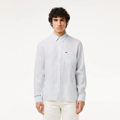 Lacoste Men's Long Sleeve Striped Button-down Linen Shirt In Blue