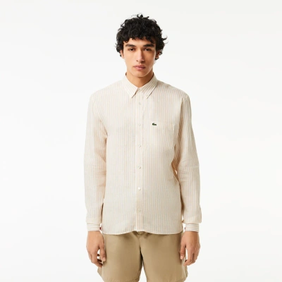 Lacoste Men's Regular Fit Striped Linen Shirt - 16 - 41 In White