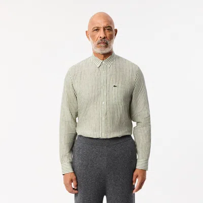 Lacoste Men's Long Sleeve Striped Button-down Linen Shirt In Green