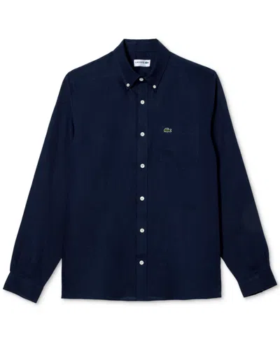 Lacoste Embroidered Crocodile Detail Blue Lino Shirt In Black