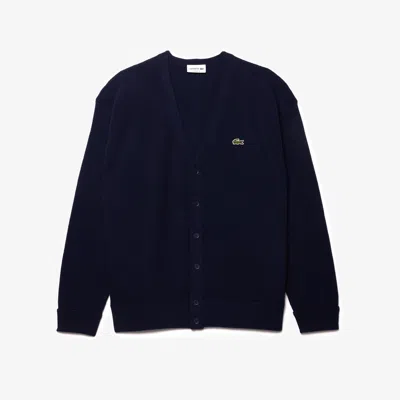 Lacoste Relaxed Fit Wool Cardigan Sweater In Blue