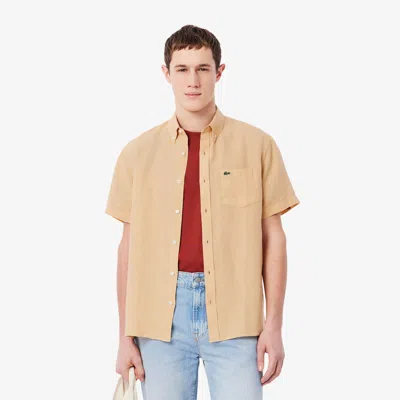Lacoste Men's Short Sleeve Linen Shirt   - 15¾ - 40 In Beige