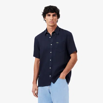 Lacoste Short Sleeve Linen Shirt - 15 - 38 In Blue