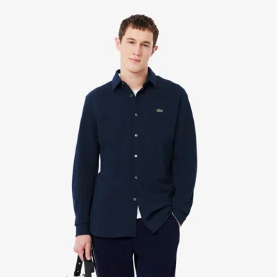 Lacoste Embroidered Crocodile Detail Blue Lino Shirt In Black