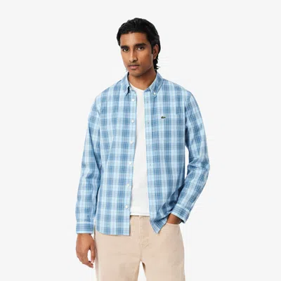 Lacoste Men's Slim Fit Stretch Plaid Shirt - 18 - 46 In Blue