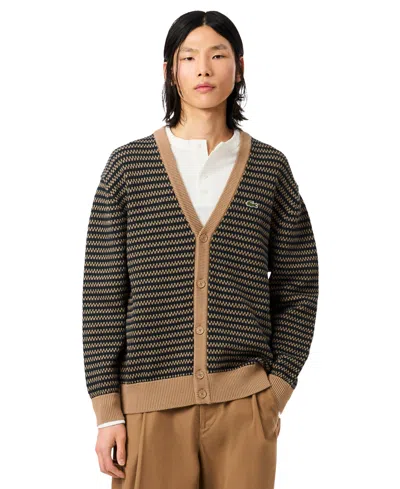 Lacoste Relaxed Fit Striped Cotton Cardigan - M In Brown
