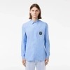 Lacoste Striped Cotton Poplin Long-sleeve Shirt In Blue