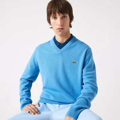 Lacoste Men's V-neck Wool Sweater - Xl - 6 In Blue