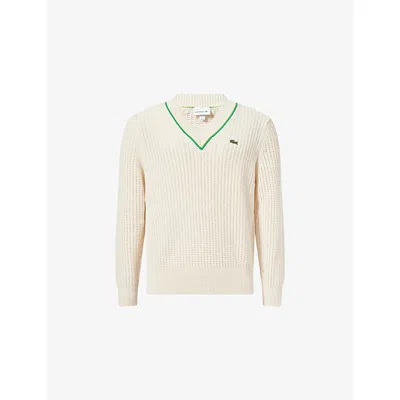 Lacoste Mens Cream Regular-fit V-neck Cotton-blend Jumper Xl In White