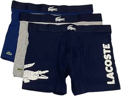 Lacoste Mens Iconic Fashion 3 Pack Cotton Stretch Boxer Briefs, Navy Blue/white-silver Chine-methylene, S In Multi