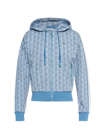 Lacoste Monogram-print Zip-up Hoodie In Blue
