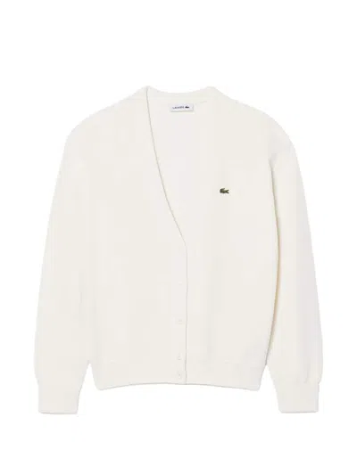 Lacoste Moss-stitch V-neck Cardigan In White