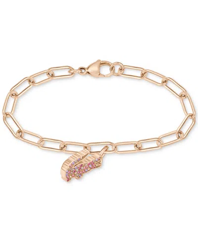Lacoste Multicolor Crystal Crocodile Paperclip Link Chain Bracelet In Pink