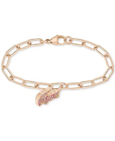 Lacoste Multicolor Crystal Crocodile Paperclip Link Chain Bracelet In Carnation Gold