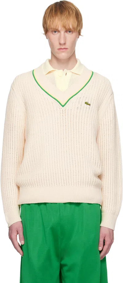 Lacoste Off-white V-neck Striped Tennis Sweater
