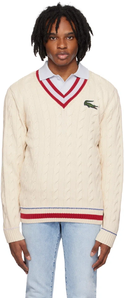 Lacoste Off-white V-neck Sweater In White Multi