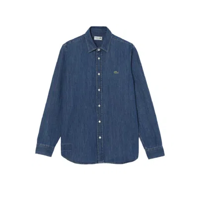 Lacoste Organic Cotton Denim Shirt With Embroidered Crocodile Logo In Navy
