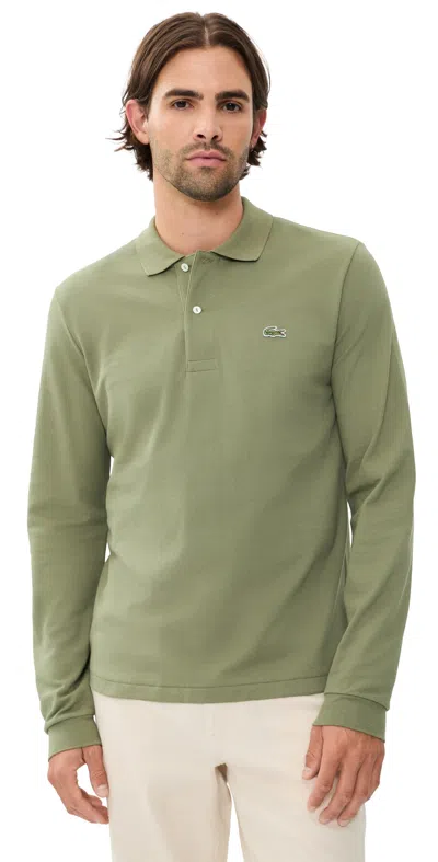 Lacoste Original Long Sleeve Cotton Pique Polo Kaki In Green