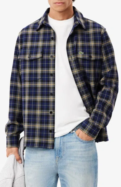 Lacoste Oversize Plaid Flannel Button-up Overshirt In Blue