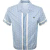 Lacoste Relaxed Fit Monogram Print Cotton Blend Camp Shirt In Blue