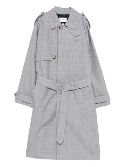 Lacoste Plaid Belted Coat In Gray