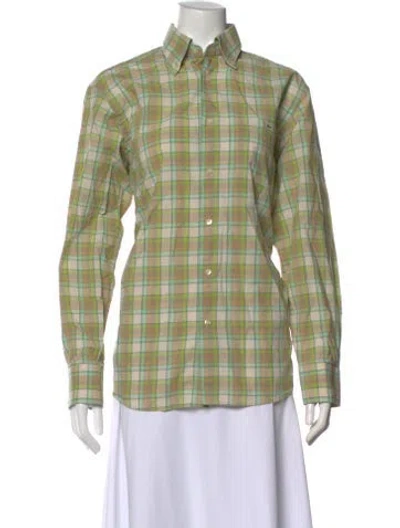 Pre-owned Lacoste Plaid Print Long Sleeve Button-up Top In Green