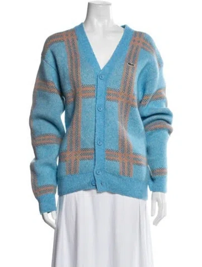 Pre-owned Lacoste Plaid Print V-neck Sweater In Blue
