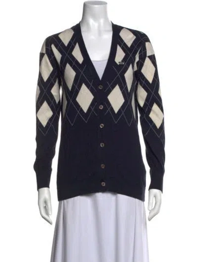 Pre-owned Lacoste Plaid Print V-neck Sweater In Blue