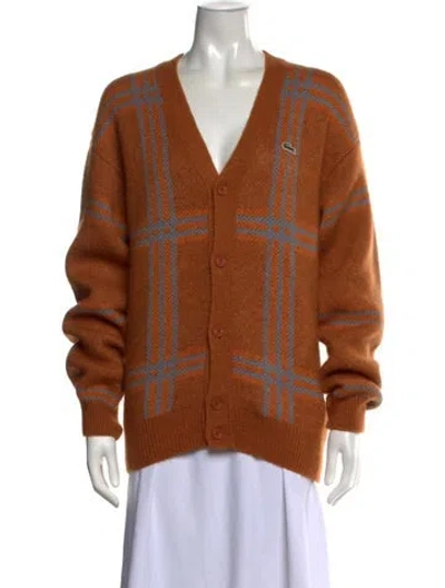 Pre-owned Lacoste Plaid Print V-neck Sweater In Brown/orange