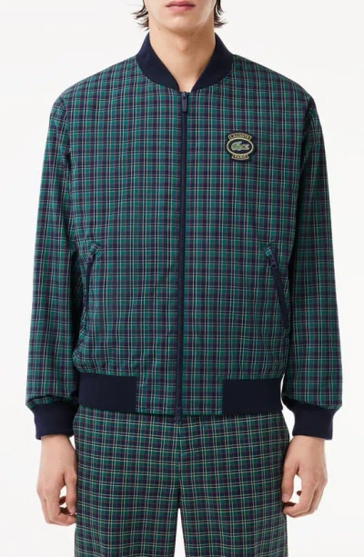 Lacoste Plaid Water Repellent Bomber Jacket In Marine/ Multico