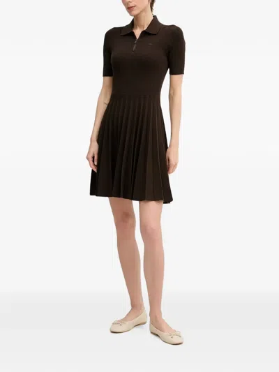 Lacoste Pleated Ribbed Mini Dress In Brown