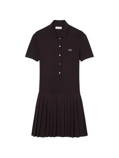 Lacoste Pleated-skirt Polo-collar Mini Dress In Brown