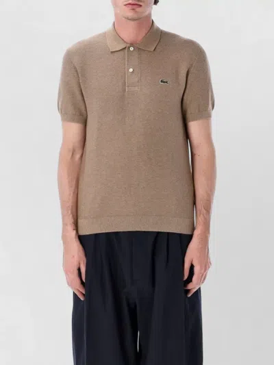 Lacoste Polo Collar Knit Cotton Short Sleeve Sweater In Brown