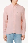 Lacoste Pink Linen Shirt With Straight Cut Collar In Flamingo