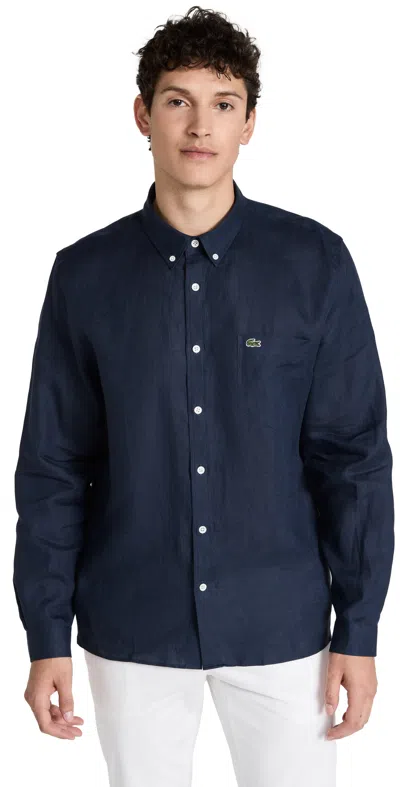 Lacoste Embroidered Crocodile Detail Blue Lino Shirt In Black