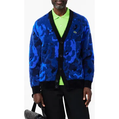 Lacoste Relaxed Fit Intarsia Floral Cardigan In Blue