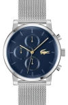 Lacoste Men's Replay Silver Tone Stainless Steel Mesh Bracelet Watch, 44mm In Navy