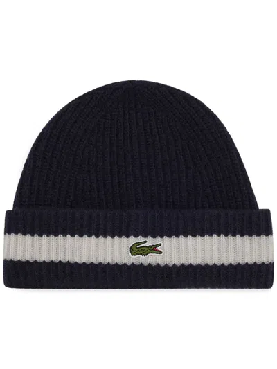 Lacoste Ribbed-knit Beanie Hat In Blue