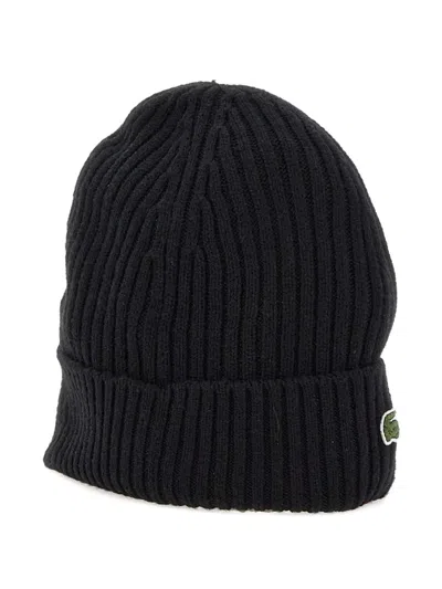 Lacoste Ribbed Logo Beanie In Black