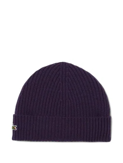 Lacoste Ribbed Logo-patch Beanie In Purple