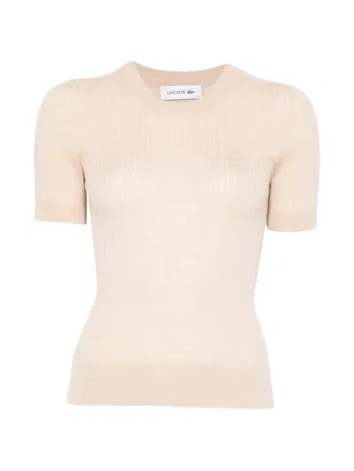 Lacoste Ribbed Logo-patch T-shirt In Brown
