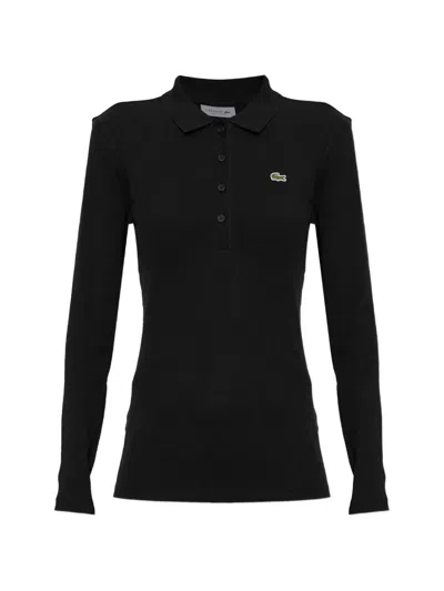 Lacoste Ribbed Long-sleeve Polo Shirt In Black