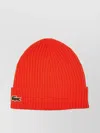 Lacoste Ribbed Texture Folded Cuff Hat In Red