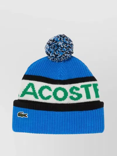 Lacoste Ribbed Texture Pom-pom Detail Block Design Hat In Blue