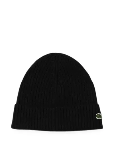 Lacoste Ribbed-knit Beanie Hat In Black