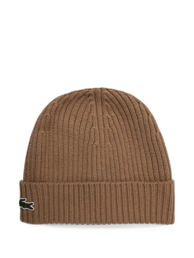 Lacoste Ribbed-knit Beanie Hat In Brown